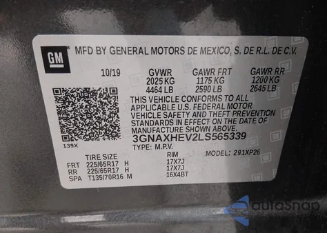 2020 Chevrolet Equinox Fwd Ls из США, поврежденный, VIN 3GNAXHEV2LS565339